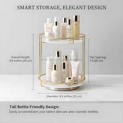 360° Rotating Makeup Organizer Countertop, 2-Tier Golden Vanity Organizer with Glass Shelves, Spinning Cosmetic Display Case for Bathroom & Bedroom, Tall Storage for Large Bottles