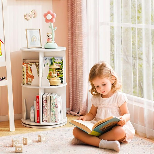 HONEY JOY Kids Rotating Bookshelf, Wooden Spinning Small Corner Organizer w/Baffles, 360°Display Standing Toddler Bookshelf, Narrow Storage Rack, Montessori Book Shelf for Nursery, Playroom (White)