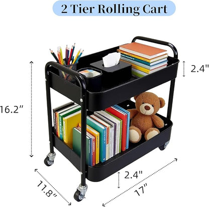2 Tier Rolling Cart with Wheels for Under Desk Storage & Pantry Room, Large Capacity Laundry Room & Makeup Organizer, Sturdy Kitchen Utility Cart for Small Space with 4 Hooks, Black