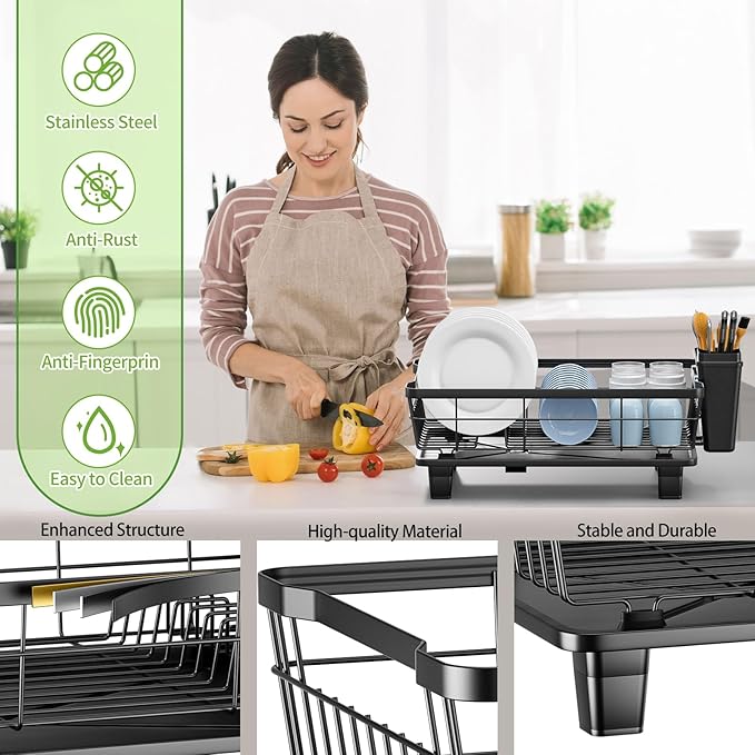 DMTXCRP Dish Drying Rack with Drainboard for Kitchen Counter, Large Capacity Durable Rustproof Stainless Steel Dish Drainer Rack with Removable Flatware Caddy -Black