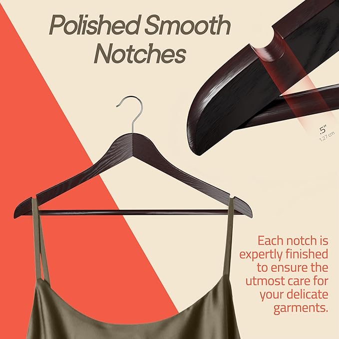 Cherry Wooden Hangers 50 Pack – Heavy-Duty with 360° Swivel Hook, Non-Slip, Pants Bar & Shoulder Grooves - Wooden Hangers for Suits, Jackets, Dresses & Camisoles, Space-Saving and Smooth Finish