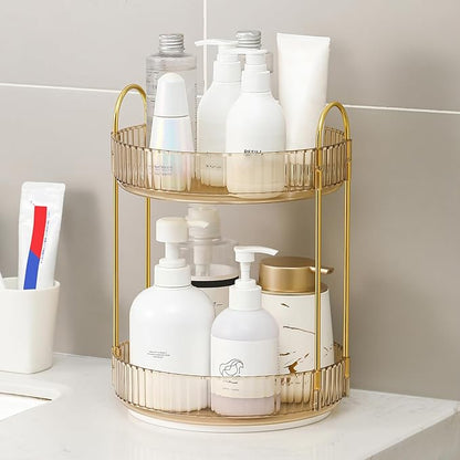Weidace 360 Rotating Makeup Organizer for Vanity, Bathroom Countertop Spinning Perfume Organizer, High-Capacity Cosmetic and Skincare Dresser Make Up Holder Rack (2 Tiers, Yellow)