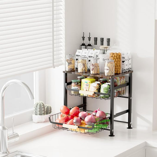 Fruit Vegetable Basket for Kitchen,3 Tier Pantry Organizer with Wheels,Snack cart with Wood Top,Metal Wire Storage Basket Organizer Baskets for Kitchen, Pantry, Bathroom