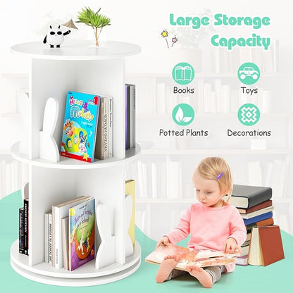 Costzon Kids Rotating Bookshelf, 2 Tier Small Book Shelf with Bookends, 360° Display Spinning Bookshelf Tower, Corner Bookshelf for Small Space, Kids Room, Bedroom, Nursery (White)