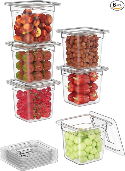 FORITRUE 1/6 6'' 6 Pack Plastic Food Pans With Lids, Clear Food Pan, Commercial Stackable Polycarbonate Freezer-Safe for Fruits Vegetables Restaurant Kitchen