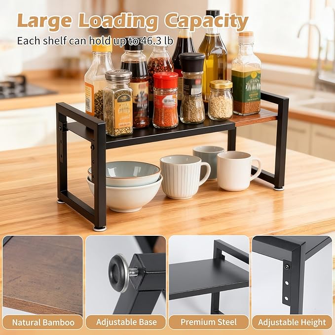 Expandable Adjustable Stackable Kitchen Organizer, Spice Rack, Cabinet Shelf for Space-Saving, Counter Shelf for Cabinets, Countertop, Cupboard, Wood and Heavy Duty Metal, Home kitchen Storage Rack