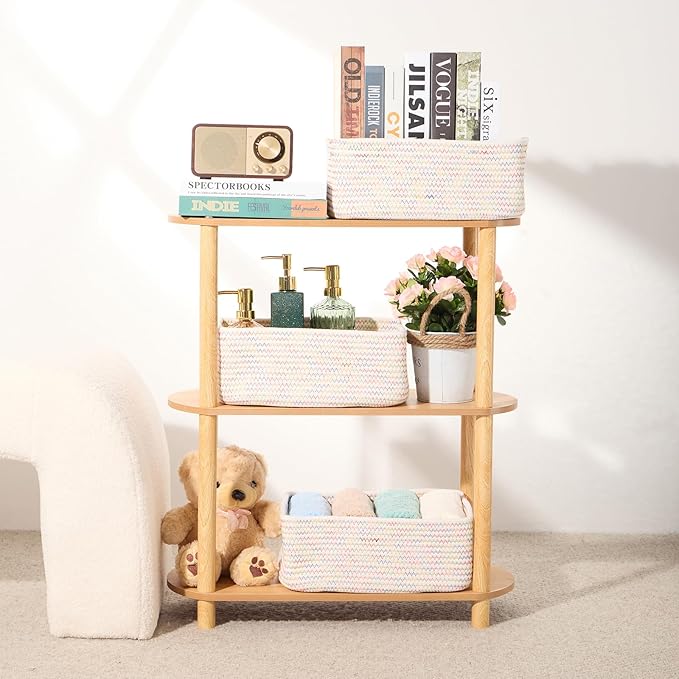 Small Storage Baskets for Organizing | Closet Organizer Bins | Shelf Toy Basket | Woven Rope Baskets | Cube Decorative Box | Shallow Basket | 13x8.5x5.1” | 3 Packs Rainbow
