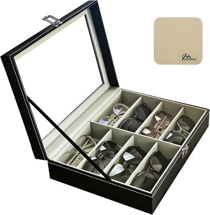 DUPDMKIN Sunglasses Organizer 8 Slot Eyeglass Holder PU Leather Glasses Case Multiple Pairs with Clear Glass Top for Men and Women