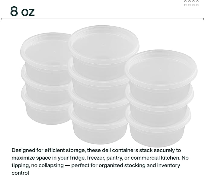 ProTakeOut 8oz [50 set] Heavy Duty Plastic Deli Container | BPA-Free Food Storage with Airtight Leak‑Proof Lids | Microwave, Freezer & Dishwasher Safe – Stackable, Bulk Reusable Soup & Meal Prep Tub