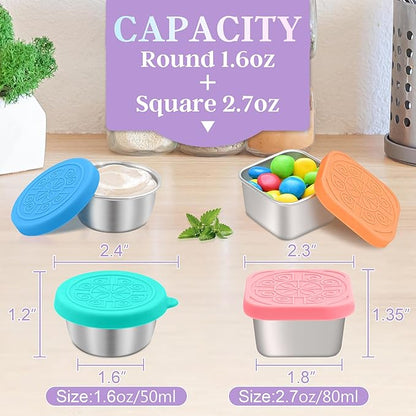 Qukaka 6 PCS Salad Dressing Container to Go,Handy Leakproof Stainless Steel Meal Prep Containers Reusable,Sauce Containers for Lunch Box, Picnics, Travel, Office and Kitchen Storage-1.6oz+2.7oz