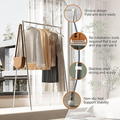 Upgraded Travel Garment Rack, Stainless Steel Portable Clothes Rack Collapsible, Folding Clothes Rack for Indoor & Outdoor, Portable Clothes Airer for Travel (Upgraded)