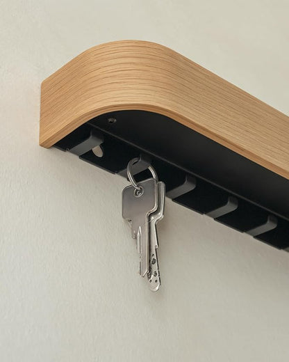 Kazai.® Key Holder 'Toke' | Minimalist Key Hook Design from Berlin | Modern Key Holder Wall Mount with Wooden Shelf | Key Rack for Wall as Entryway Organizer | Oak