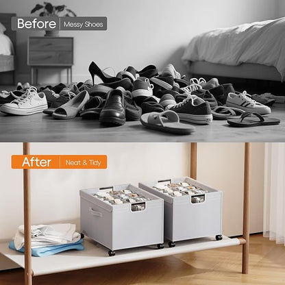 HOUSE AGAIN 2 Pack Shoe Organizer for Closet, Shoe Storage Boxes with 360° Wheels, Sturdy Metal Frame Fits up to 16 Pairs, Boots&Shoes Cubby Storage Containers with Adjustable Dividers and Clear Cover