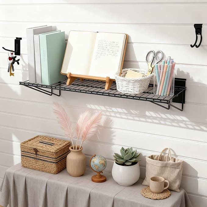 20PCS Slatwall Accessories Set, Includes 2 Pack Slatwall Wire Shelves (24 inches Width) and 18 Pack Heavy Duty Multisize Slatwall Hooks for Garage Organization, Retail Display (24 Inch)