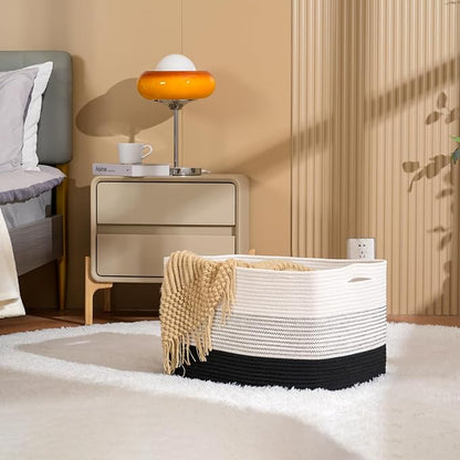 Large Blanket Basket Living Room, Rectangle Toy Storage Basket, Large Baskets for Blankets, Woven Cotton Rope Baskets for Storage, Books, Shoes, Dirty Clothes, 22”x17”x12”, Gradient Black, 75L