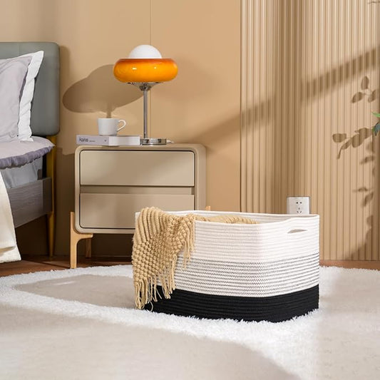 Large Blanket Basket Living Room, Rectangle Toy Storage Basket, Large Baskets for Blankets, Woven Cotton Rope Baskets for Storage, Books, Shoes, Dirty Clothes, 22”x17”x12”, Gradient Black, 75L