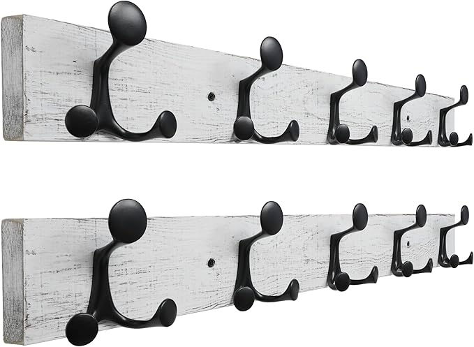SKOLOO 30-Inch Wood Coat Rack Wall Mount with 5 Triple Hooks - Ideal for Family Entrances, Classrooms, and Pet Supplies Storage - Perfect Coat Hooks for Wall,Distressed White Wash, Pack of 2
