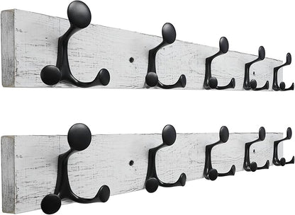 SKOLOO 30-Inch Wood Coat Rack Wall Mount with 5 Triple Hooks - Ideal for Family Entrances, Classrooms, and Pet Supplies Storage - Perfect Coat Hooks for Wall,Distressed White Wash, Pack of 2