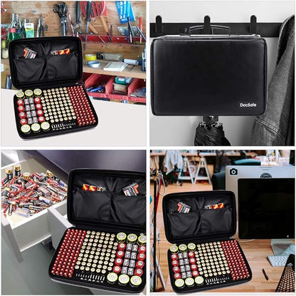 DocSafe Fireproof Battery Organizer Storage Box,Fireproof Waterproof Carrying Case Bag Holder,Safe Storage Holds 200+ Batteries AA AAA C D 9V, with Battery Tester BT-168 (Not Includes Batteries)