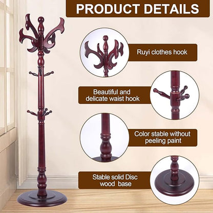 73”Vintage Wooden Coat Rack，With 14 Hooks and Sturdy Round Base.Sturdy and Durable Standing Coat Racks，Adjustable Wooden Freestanding Coat Rack for Porch，Bedrooms (Mahogany) (fishtail, 1 PCS)