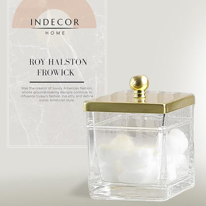 Indecor Home Clear Transparent Hotel Style Apothecary Tempered Glass Canister Jar W/ Gold Metal Lid Cover, Classic Countertop Organizer for Cotton balls/pads, Floss Picks, Makeup Storage