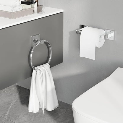 Ruacq Chrome Toilet Paper Holder Towel Ring Bathroom Accessories Hardware Set Double Post Pivoting Toilet Roll Holder Square Stainless Steel and Zinc Alloy Modern Wall Mounted 2 Pieces