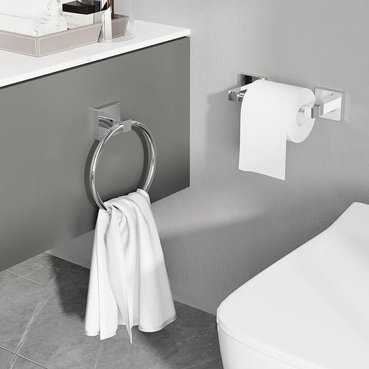 Ruacq Chrome Toilet Paper Holder Towel Ring Bathroom Accessories Hardware Set Double Post Pivoting Toilet Roll Holder Square Stainless Steel and Zinc Alloy Modern Wall Mounted 2 Pieces