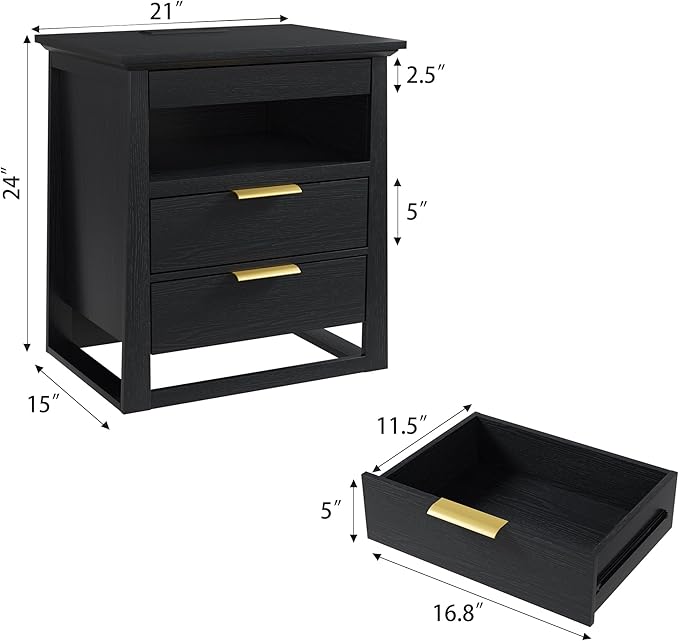 Rresyet 3 Drawer Nightstand with Charging Station & LED Lights & Open Shelf, Modern Night Stand with Storage, Wooden Bedside Table for Bedroom Room, Office (Black)