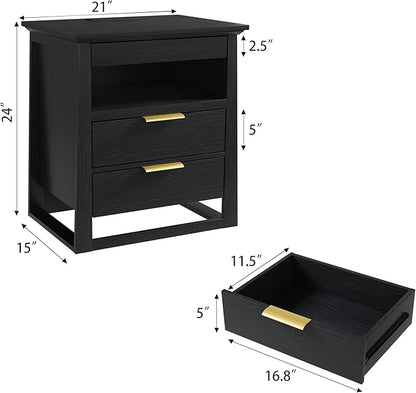 Rresyet 3 Drawer Nightstand with Charging Station & LED Lights & Open Shelf, Modern Night Stand with Storage, Wooden Bedside Table for Bedroom Room, Office (Black)