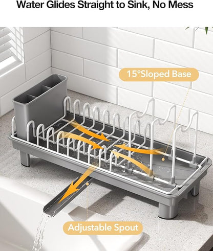 Nfnoyp Dish Rack, Carbon Steel Small Dish Drying Rack Rustproof for Kitchen Counter, Compact Space-Saving Dish Drainer with Adjustable Slots for Small Kitchens & Apartments, 16.5×6.5×7inch, Grey
