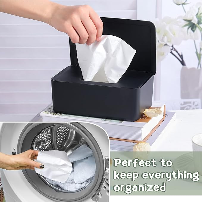 Dryer Sheet Holder with Hinged Lid,Plastic Dryer Sheet Dispenser Container Storage Box Fabric Softener Sheets Holder for Laundry Room Decor(Black)