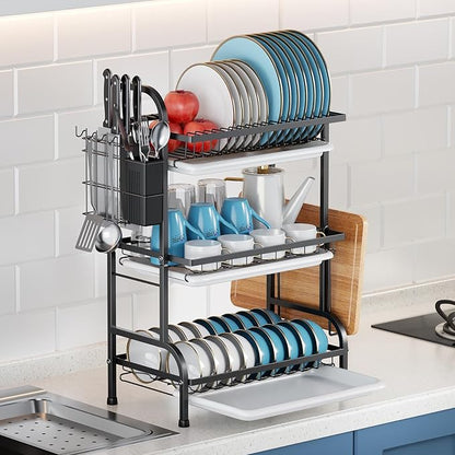 YTCYKJ Dish Drying Rack,Dish Racks Drainer,Over The Sink Dish Drainer Drying Rack 3 Tier with Drain Tray,Chopsticks Rack,Knife Holder