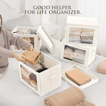 Storage Bins with Lids - Large Decorative Basket with Lids, Fabric Foldable Closet Organizer Bins, Stackable Shelf Organizer for Living Room, Dorm, 5 Pack, Beige