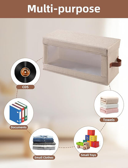 4 Pack DVD Storage Box with Visible Window, Dustproof CD/DVD Case Holder Organizer Rack Can Hold Up to 104 DVD, Blu-ray & CD Storage, Stackable and Lid Design-Beige