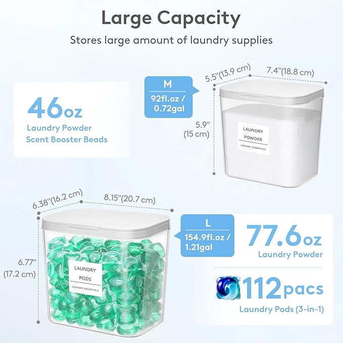 Lifewit Laundry Pods Container with Pop-up Lid, Detergent Dispenser, Dryer Sheet Holder, Laundry Room Organization Storage Jars for Washing Powder, Soap, Scent Booster Beads,0.72+1.2gal, 3 Pcs