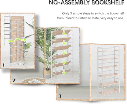 4NM No Assembly 6 Tiers Collapsible Book Shelves, 61.8" H Folding Bookshelf Bookcase Open Industrial Foldable Shelves for Bedroom, Living Room, Home Office - Natural White