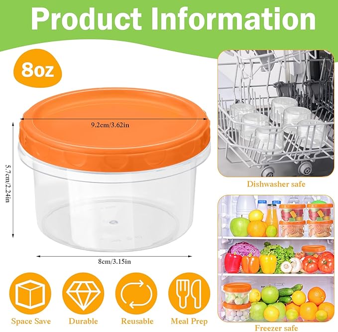 Sieral 36 Pack 8 oz Freezer Containers with Lids Reusable Deli Freezer Storage Containers Stackable Plastic Thick Twist Top Jars for Takeout Food Round Wide Mouth Lunch Snack (Orange)