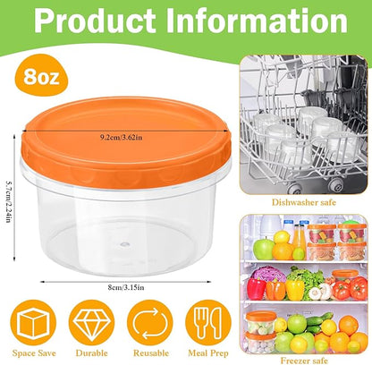 Sieral 36 Pack 8 oz Freezer Containers with Lids Reusable Deli Freezer Storage Containers Stackable Plastic Thick Twist Top Jars for Takeout Food Round Wide Mouth Lunch Snack (Orange)