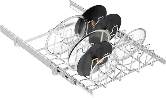 STORKING Slide Out Pot Lid Organizer Under Cabinet, Wire Dividers Kitchen Pull Out Pot Lid Storage Rack Holder, Full-Extension Rail 21" W*22" D