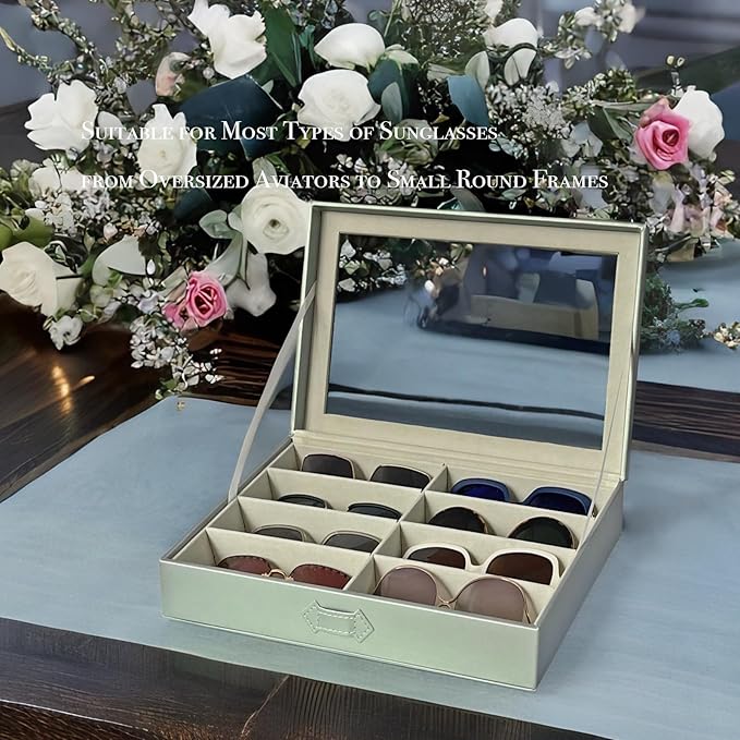 UnionPlus 8-Slots Sunglasses Case Organizer, Eyeglass Glasses Display Holder Collector, Multiple Sunglasses Storage Case, Pearly-lustre Green