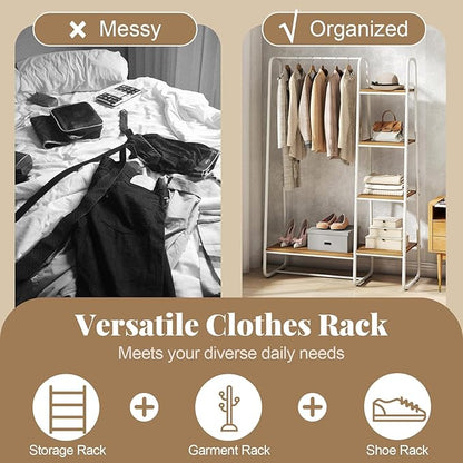 COSTWAY Clothes Rack with Shelves, Heavy Duty Garment Rack with Hanging Rod, 5-tier Shelves, Adjustable Foot Pads, Closet Organizer, Freestanding Wardrobe Clothing Racks for Hanging Clothes (White)