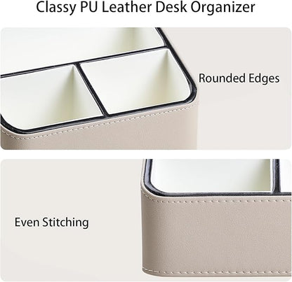 MEIBOOCH Remote Control Holder, PU Leather Small Desk Organizer with 4 Compartments, Nightstand Organizer Desk Caddy for Remote, Notepad, Phone, Glasses, and Accessories (Beige)