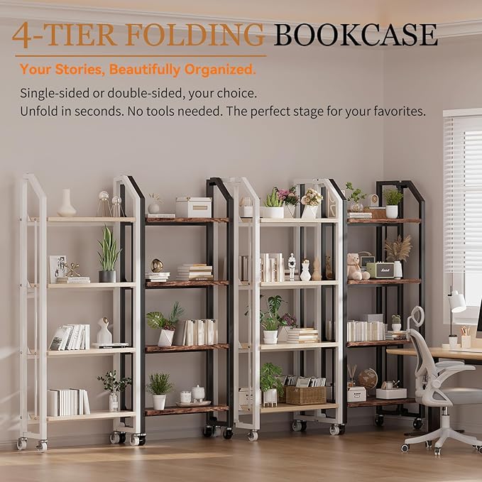 No Assembly Folding Bookshelf for Living Room, 4 Tier Collapsible Book Shelf for Home Office, Portable Bookcase Storage Organizer