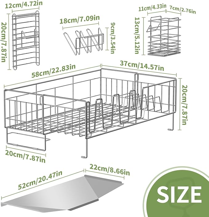 Large Dish Drying Rack - Rust Resistant Dish Rack,Expandable Kitchen Counter,Drainage Board with Sloped Design,Removable Cutlery Holder,Cup Knife Holder,Easy-to-Clean Full Hollow Design-Silver-L