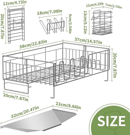 Large Dish Drying Rack - Rust Resistant Dish Rack,Expandable Kitchen Counter,Drainage Board with Sloped Design,Removable Cutlery Holder,Cup Knife Holder,Easy-to-Clean Full Hollow Design-Silver-L
