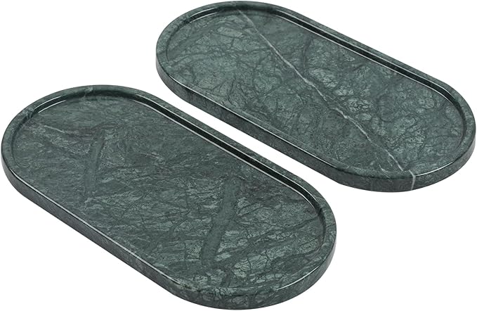 Faticdorr Green Marble Tray, 2 Pcs, Marble Vanity Tray, Bathroom, Decor for Trinket Perfume Jewelry Candle, 12 Inch Oval