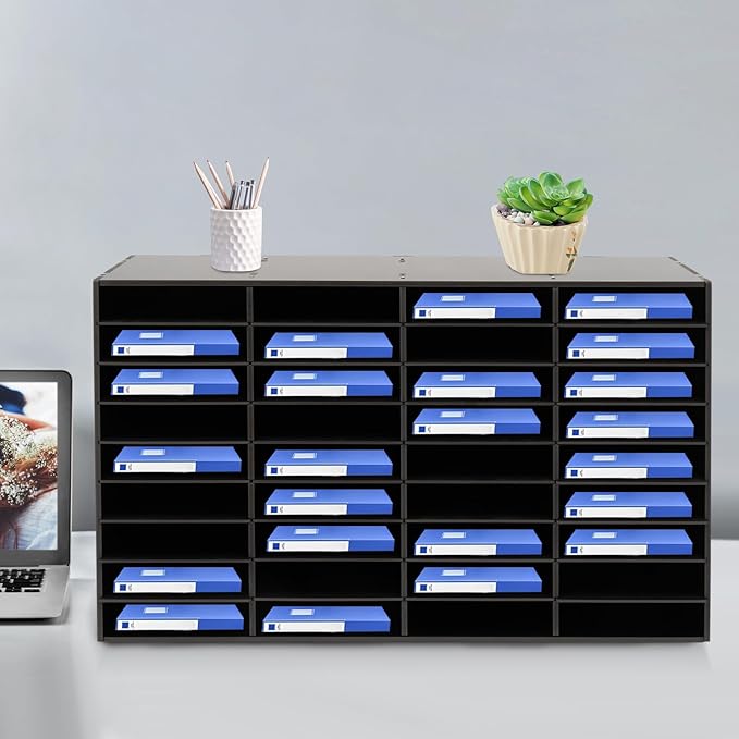 36 Slots Literature Organizer, Desktop Paper & Mail File Sorter for Classroom/Office/Home, PVC File Storage Cabinet with Adjustable Compartments, Multi-Purpose Mail Center (Black-36 Compartments)