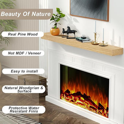ROOMTEC Fireplace Mantel, 60" Wood Floating Fireplace Shelf, Wall Mounted Handcrafted Wood Brack, Mantels Over Fireplace with Upgraded Resin End Caps,60" W x 8" Dx 3" H, Aged Oak