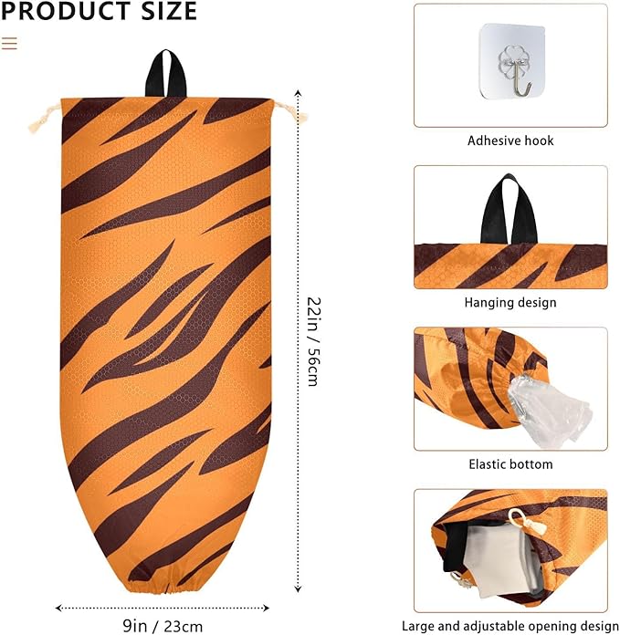 1 PC Plastic Bag Holder Wall Mount Grocery Bag Holder Shopping Bag Trash Bag Storage Organizer Dispenser for Kitchen Closet 22 x 9 Inch Tiger Skin Print
