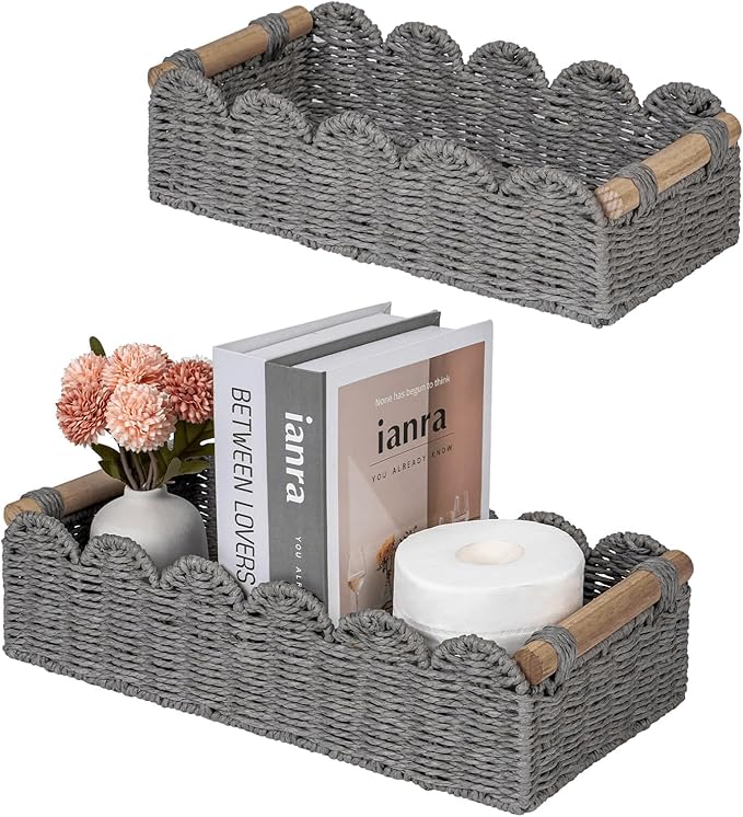 CubesLand Toilet Paper Storage Basket, Scalloped Edge Shelves Basket for Organizing for Over Toilet Tank Storage, Home Decor Baskets for Shelf, Countertop, Living Room, Bedroom, Handwoven, Grey